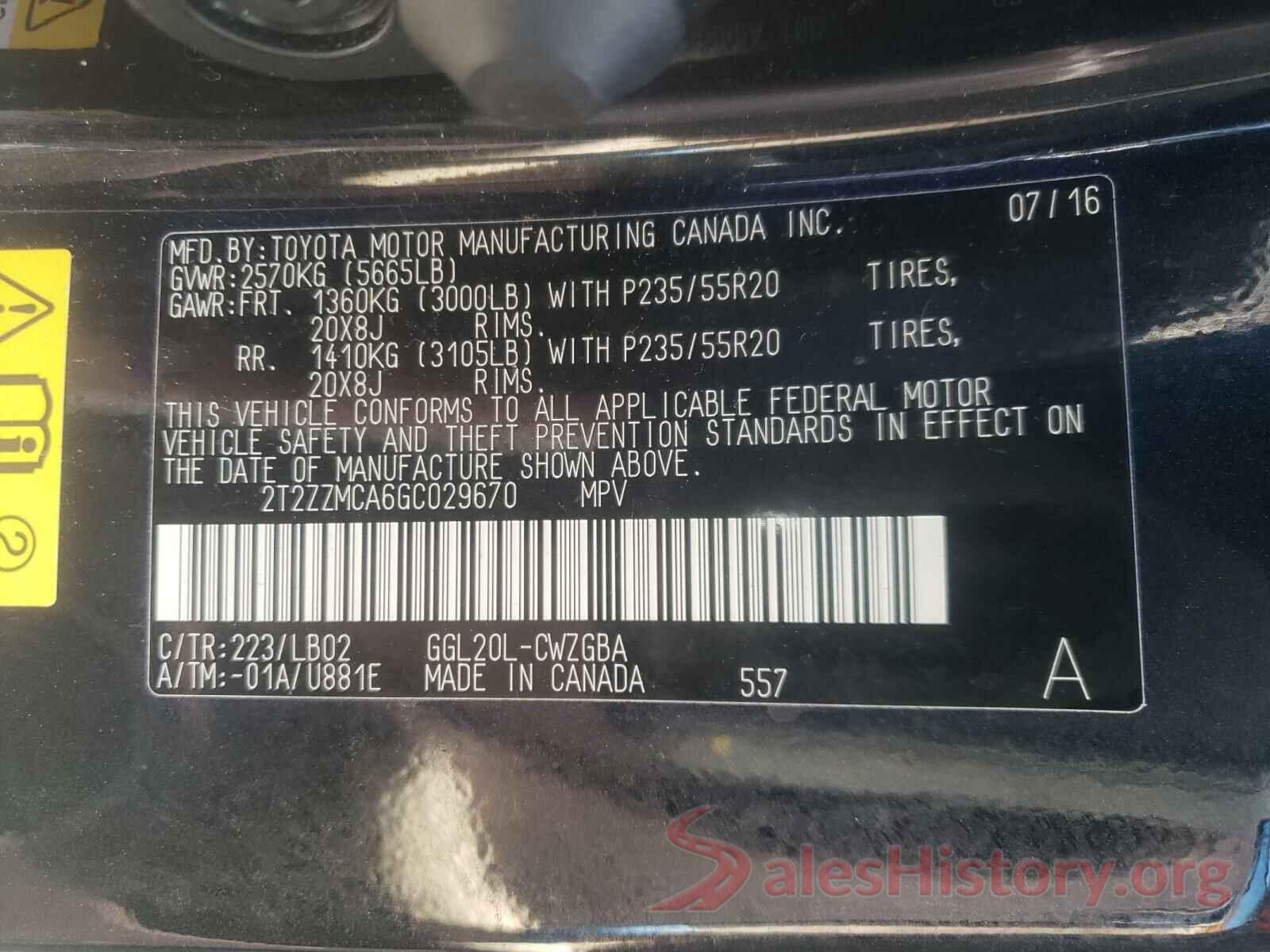 2T2ZZMCA6GC029670 2016 LEXUS RX350