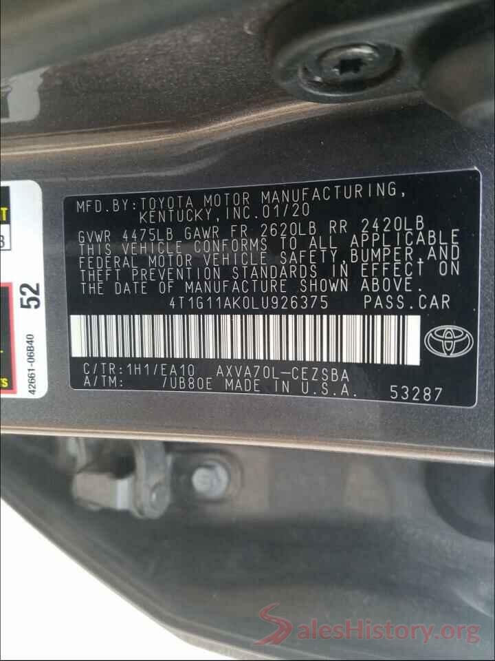 4T1G11AK0LU926375 2020 TOYOTA CAMRY