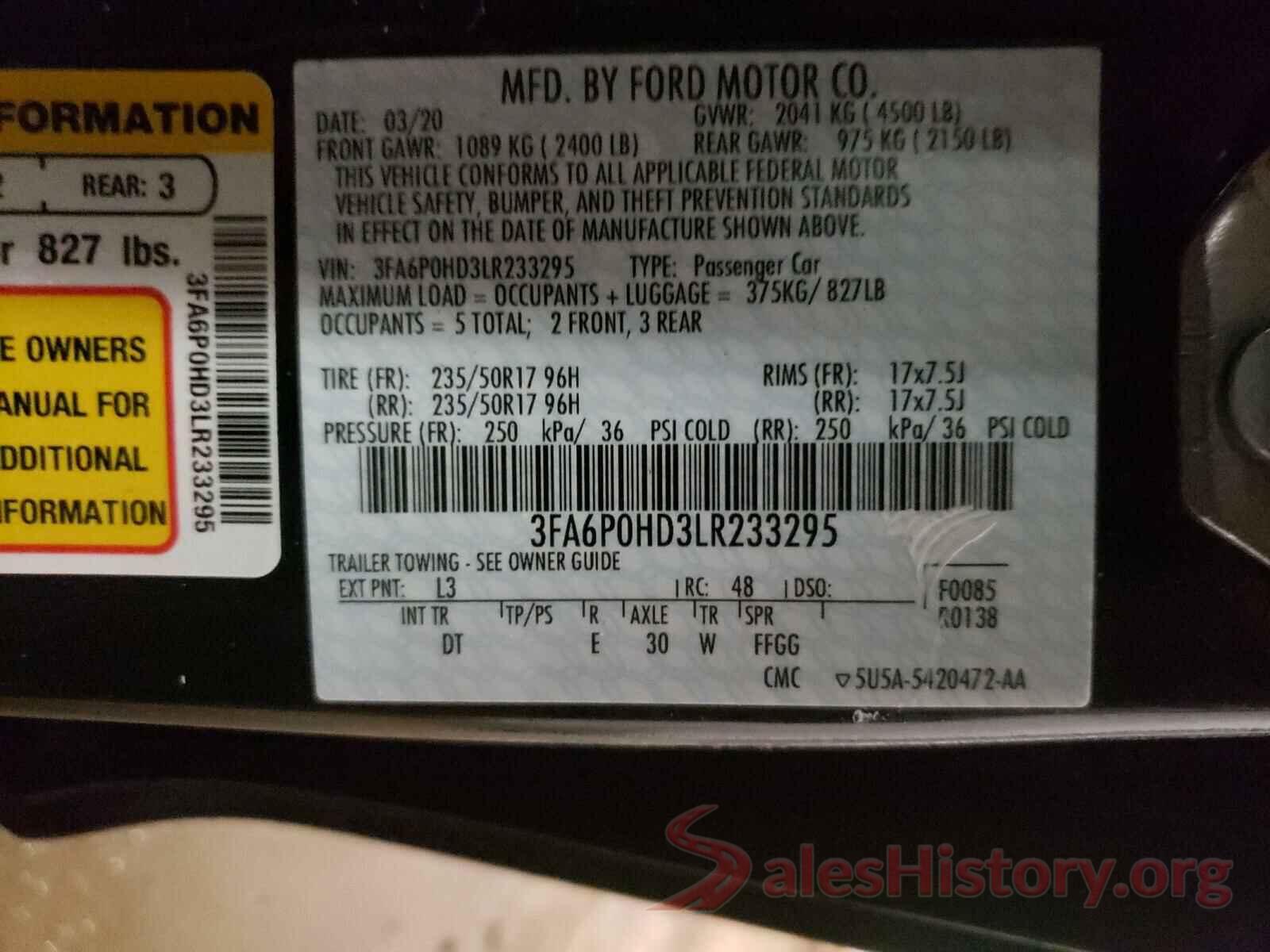 3FA6P0HD3LR233295 2020 FORD FUSION