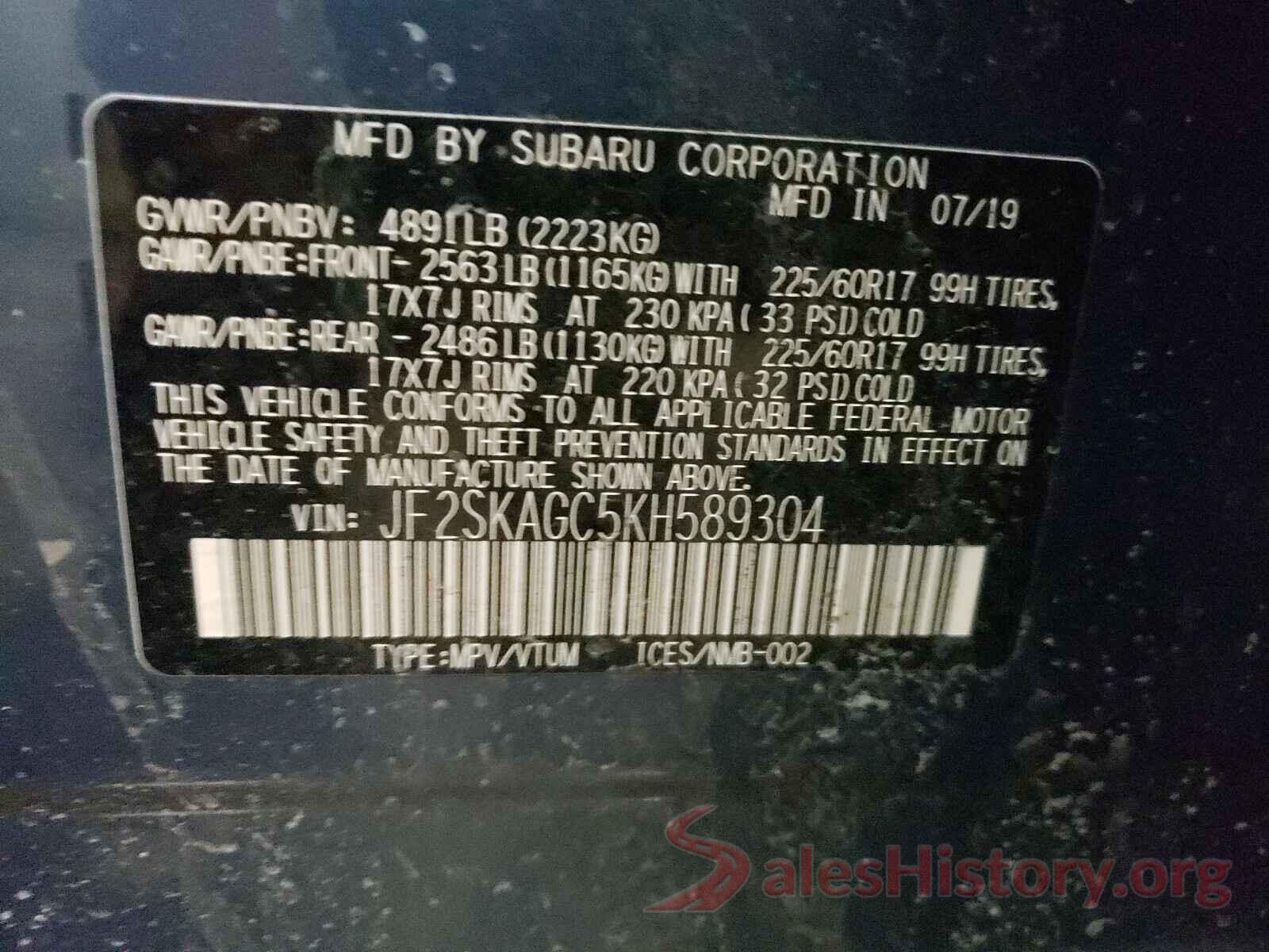 JF2SKAGC5KH589304 2019 SUBARU FORESTER