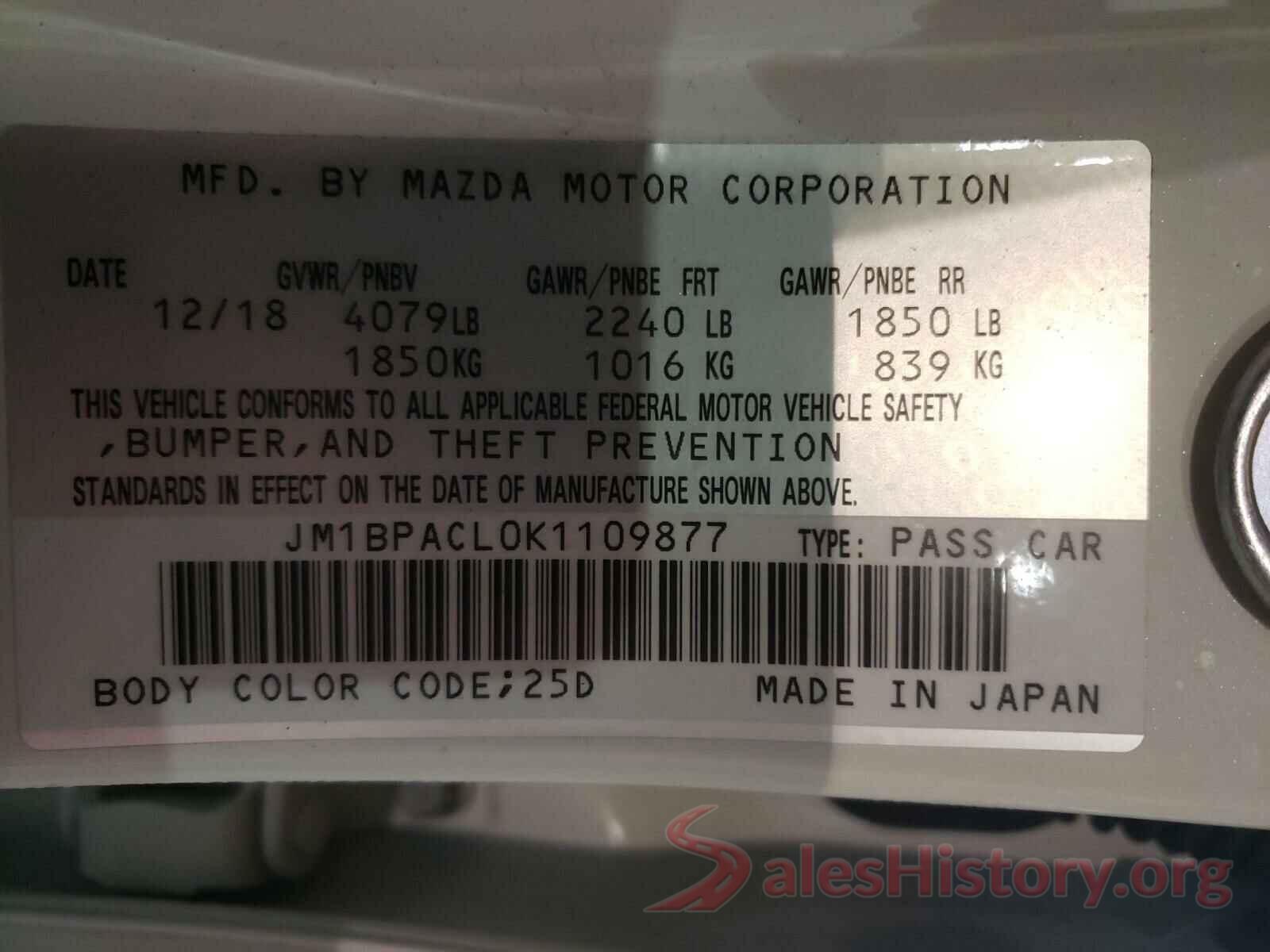 JM1BPACL0K1109877 2019 MAZDA 3