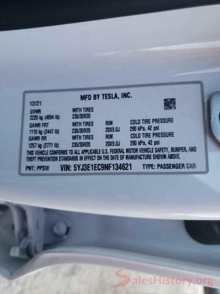 5YJ3E1EC9NF134621 2022 TESLA MODEL 3