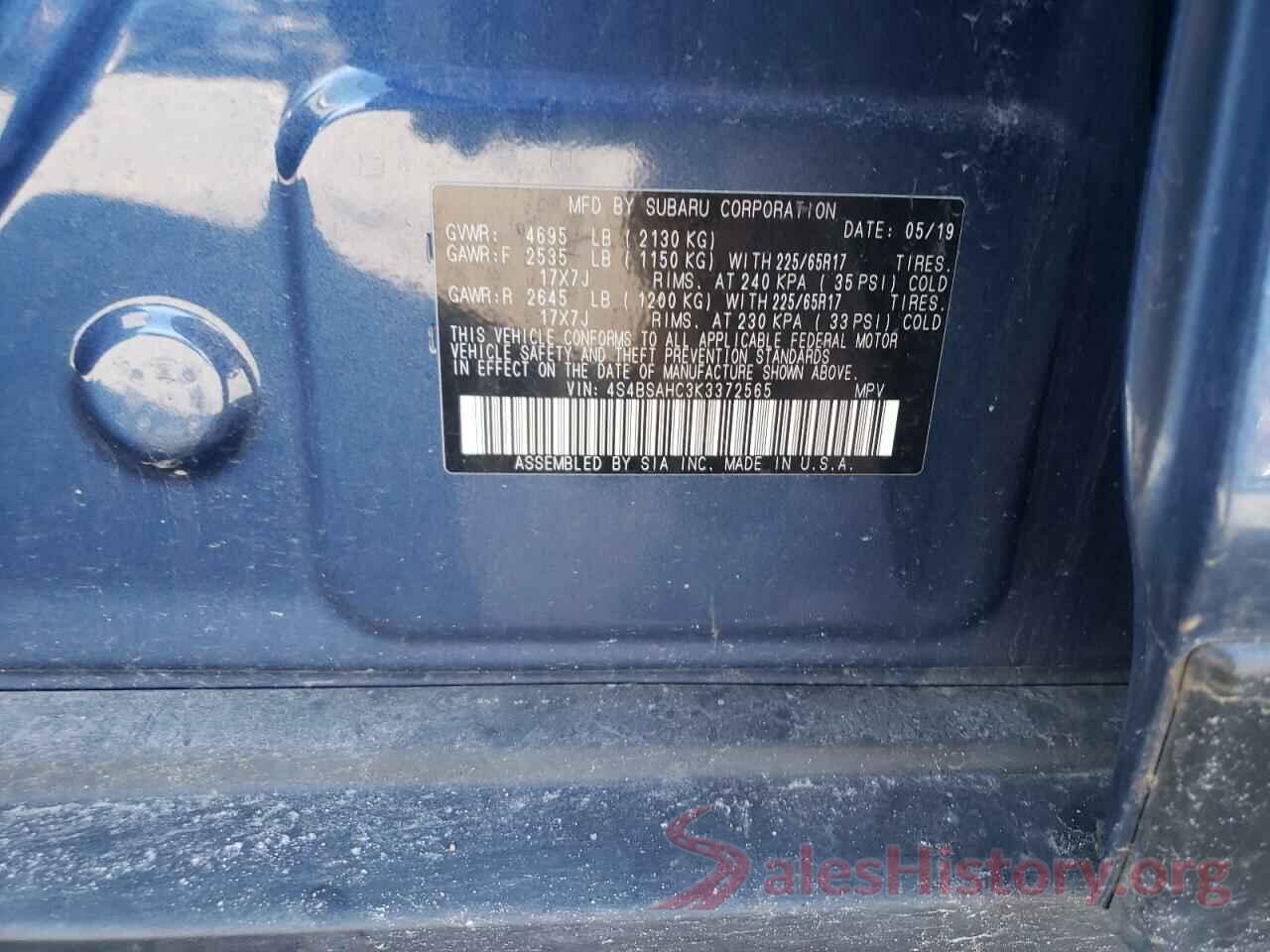 4S4BSAHC3K3372565 2019 SUBARU OUTBACK