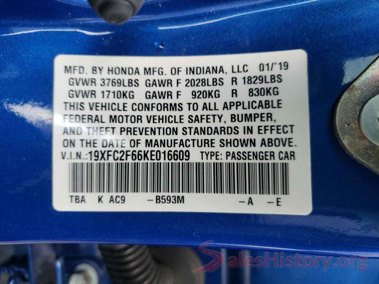 19XFC2F66KE016609 2019 HONDA CIVIC