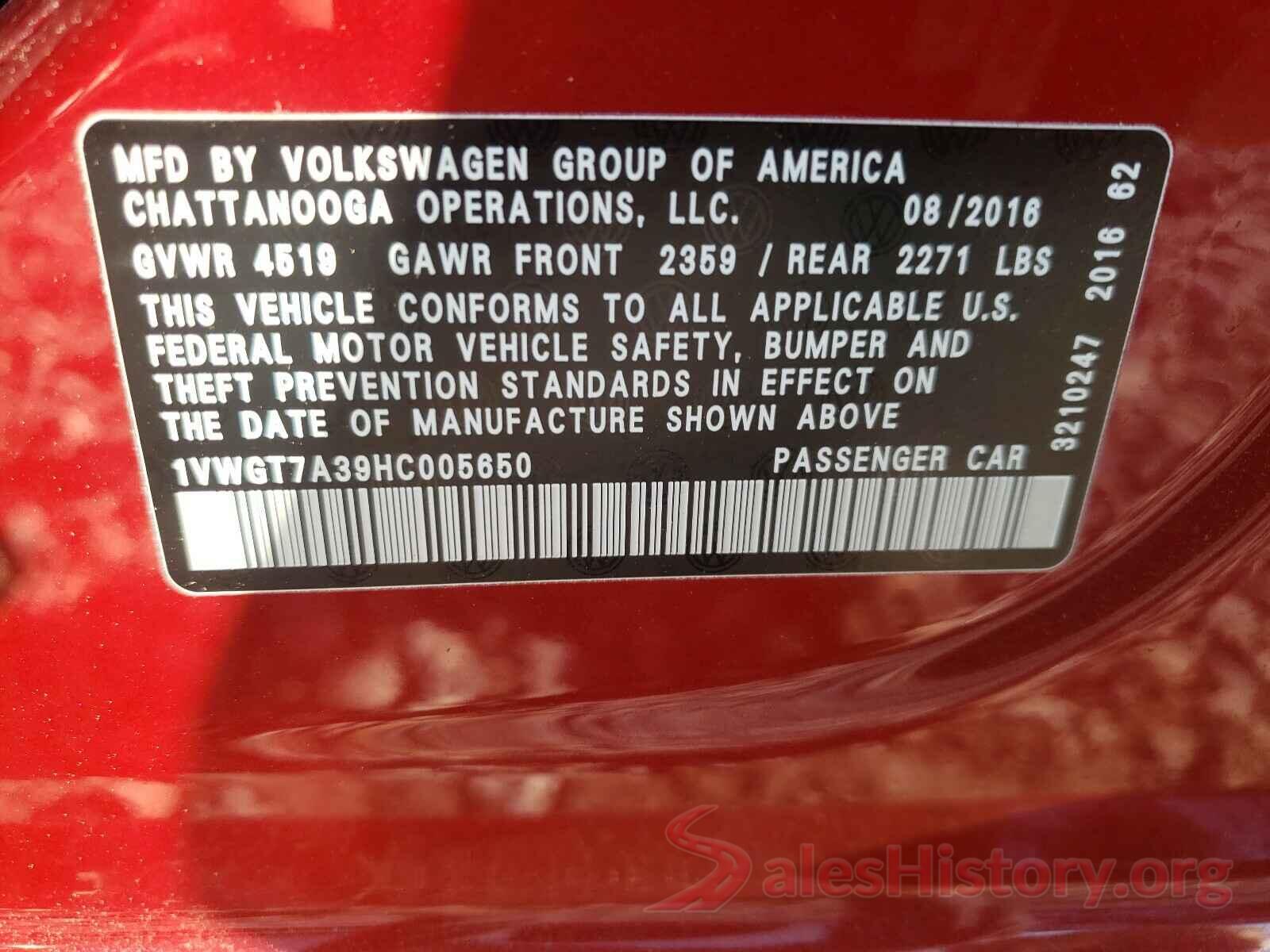 1VWGT7A39HC005650 2017 VOLKSWAGEN PASSAT