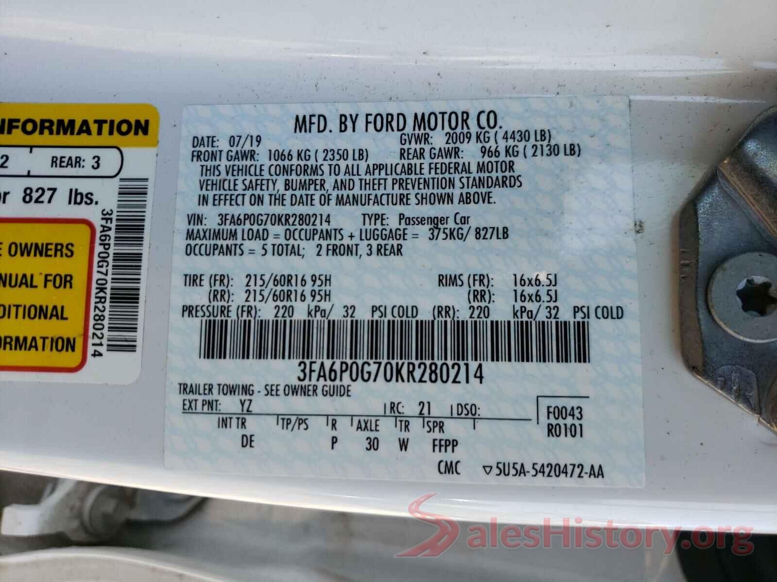 3FA6P0G70KR280214 2019 FORD FUSION