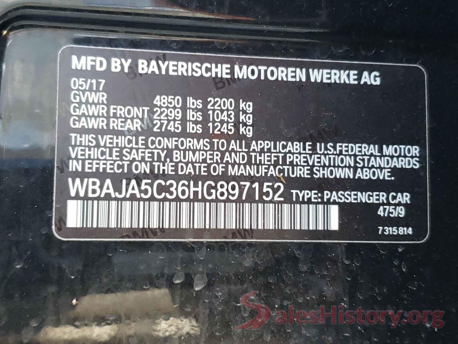 WBAJA5C36HG897152 2017 BMW 5 SERIES