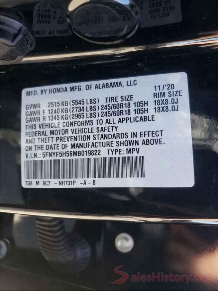 5FNYF5H56MB019822 2021 HONDA PILOT