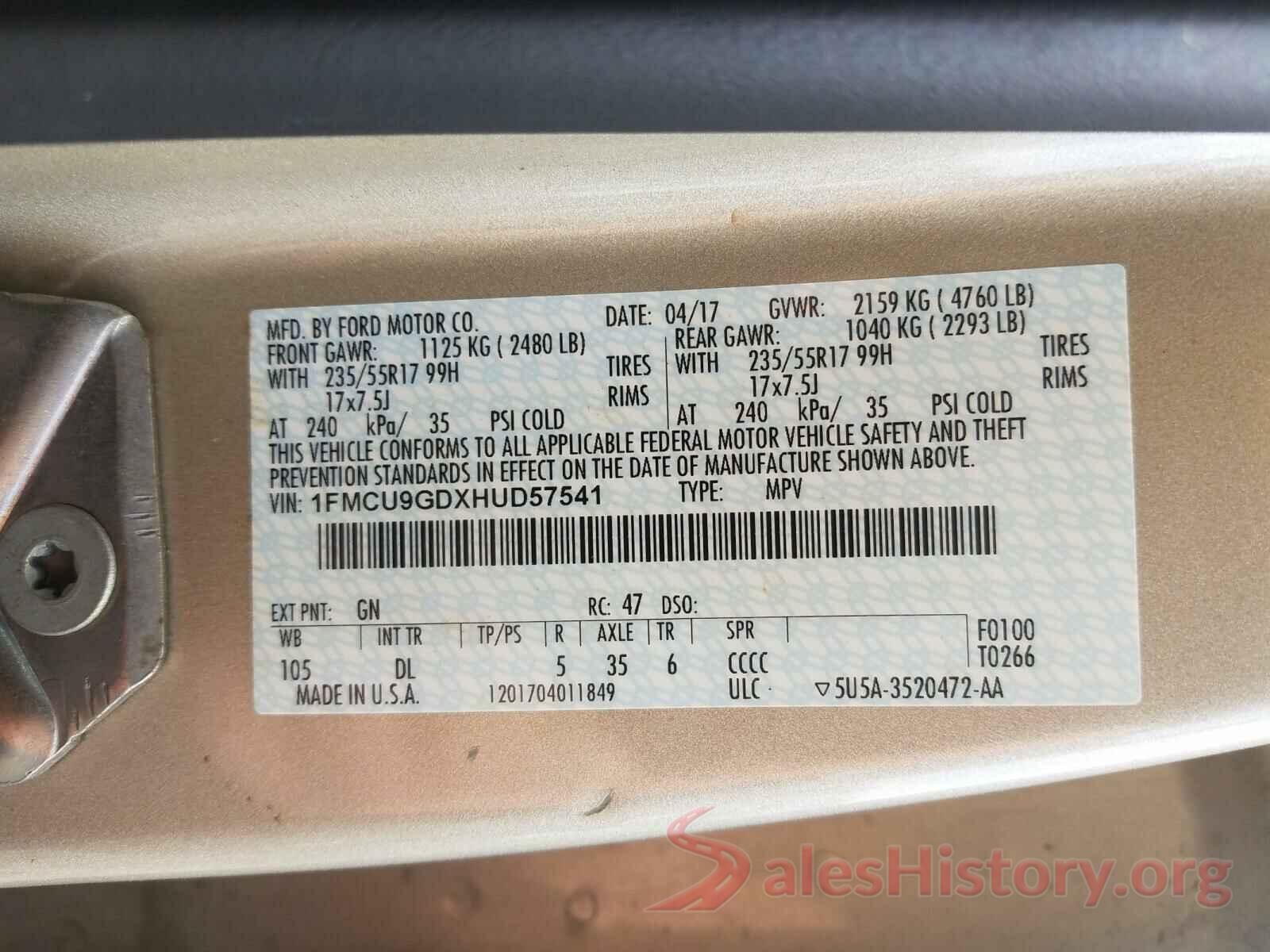 1FMCU9GDXHUD57541 2017 FORD ESCAPE