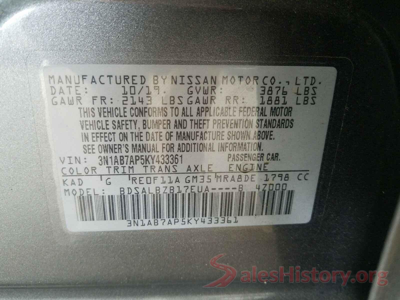 3N1AB7AP5KY433361 2019 NISSAN SENTRA