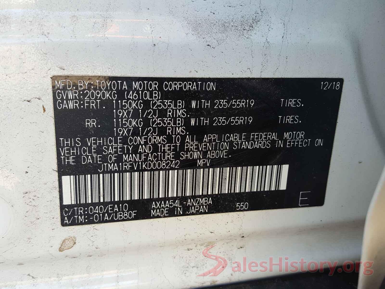 JTMA1RFV1KD008242 2019 TOYOTA RAV4