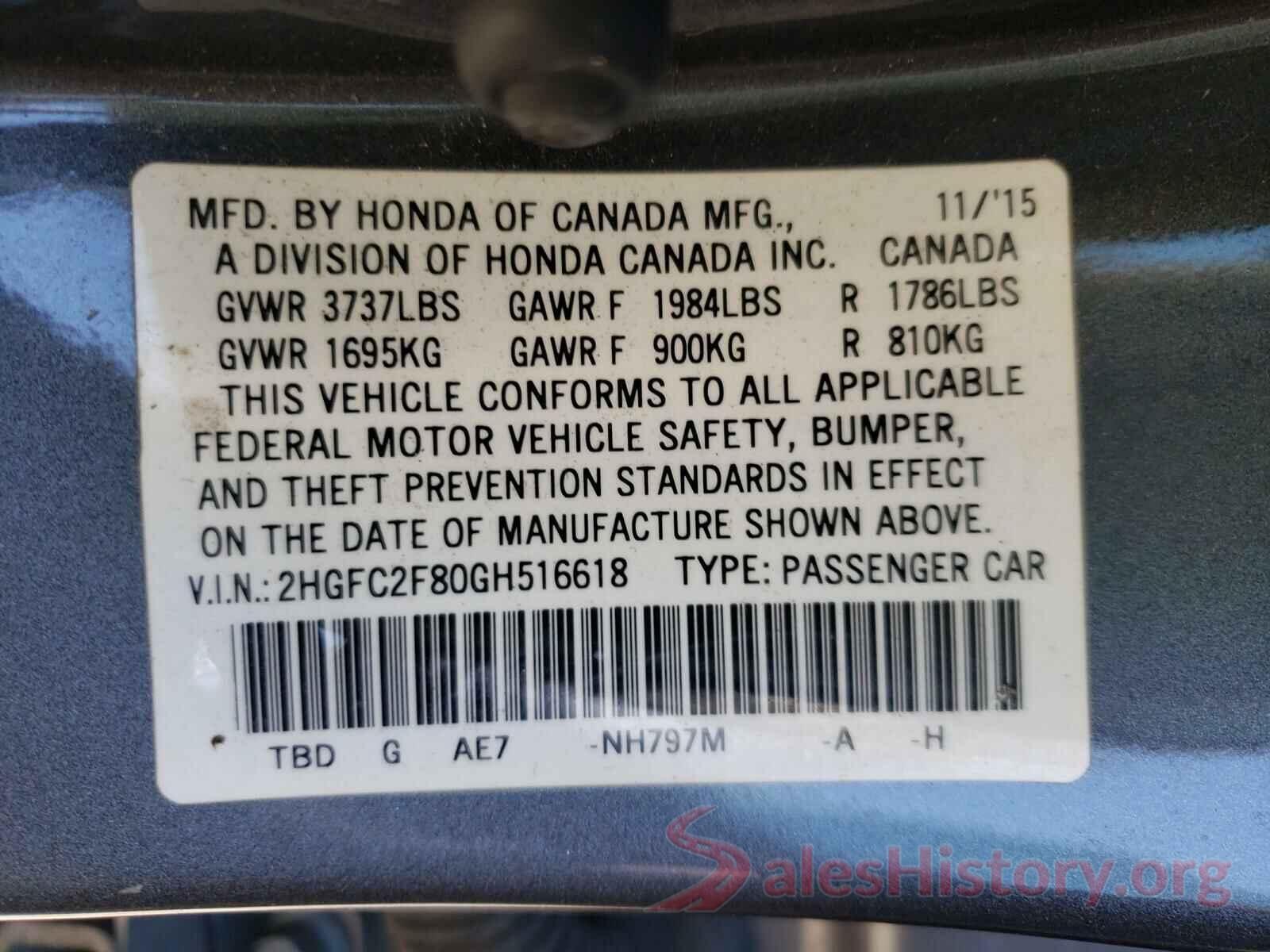 2HGFC2F80GH516618 2016 HONDA CIVIC