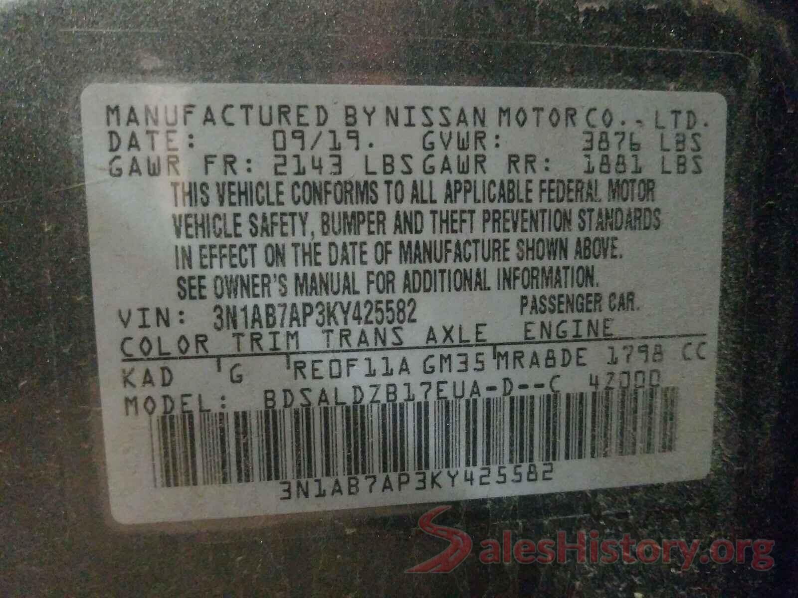 3N1AB7AP3KY425582 2019 NISSAN SENTRA