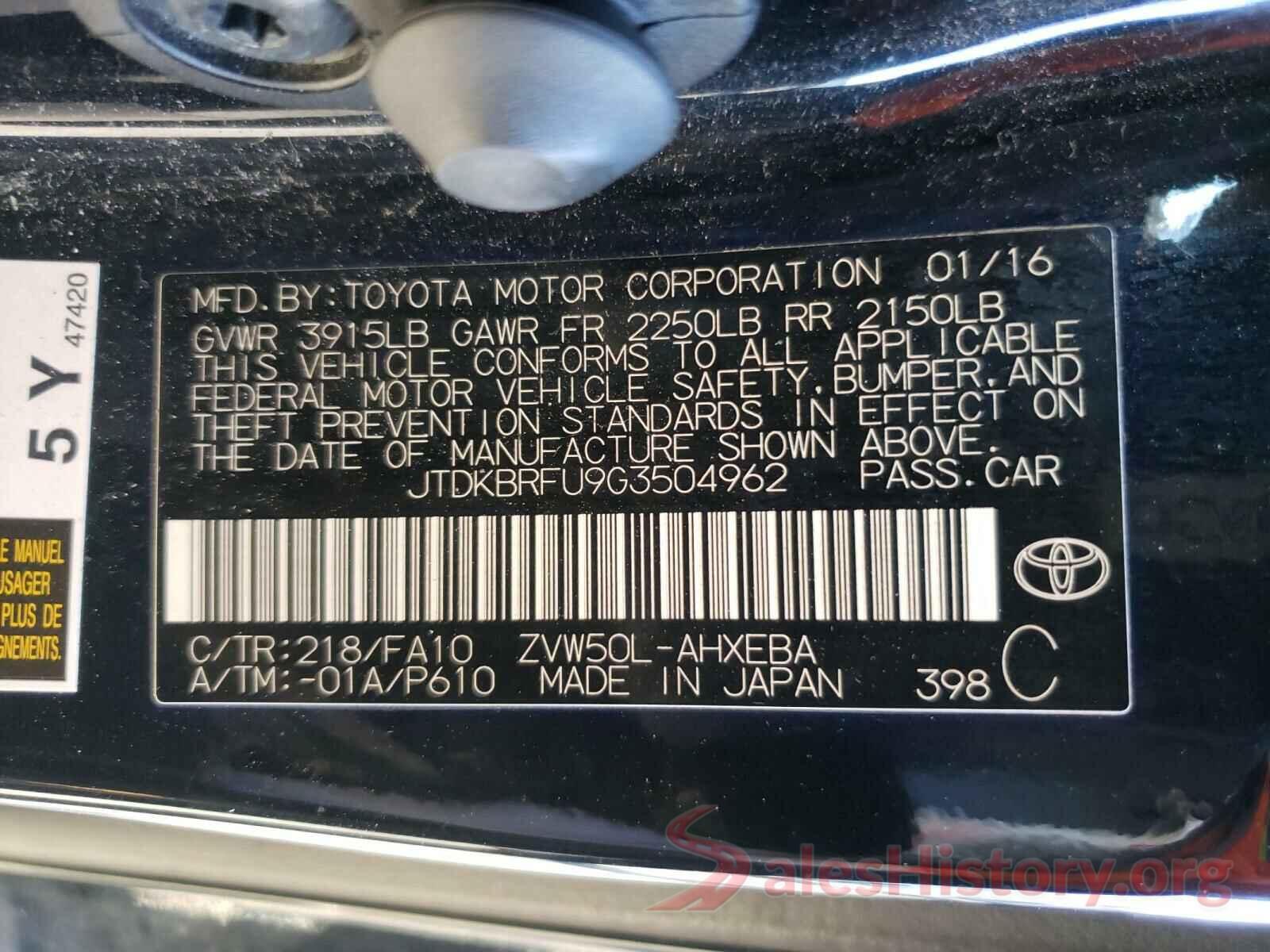 JTDKBRFU9G3504962 2016 TOYOTA PRIUS