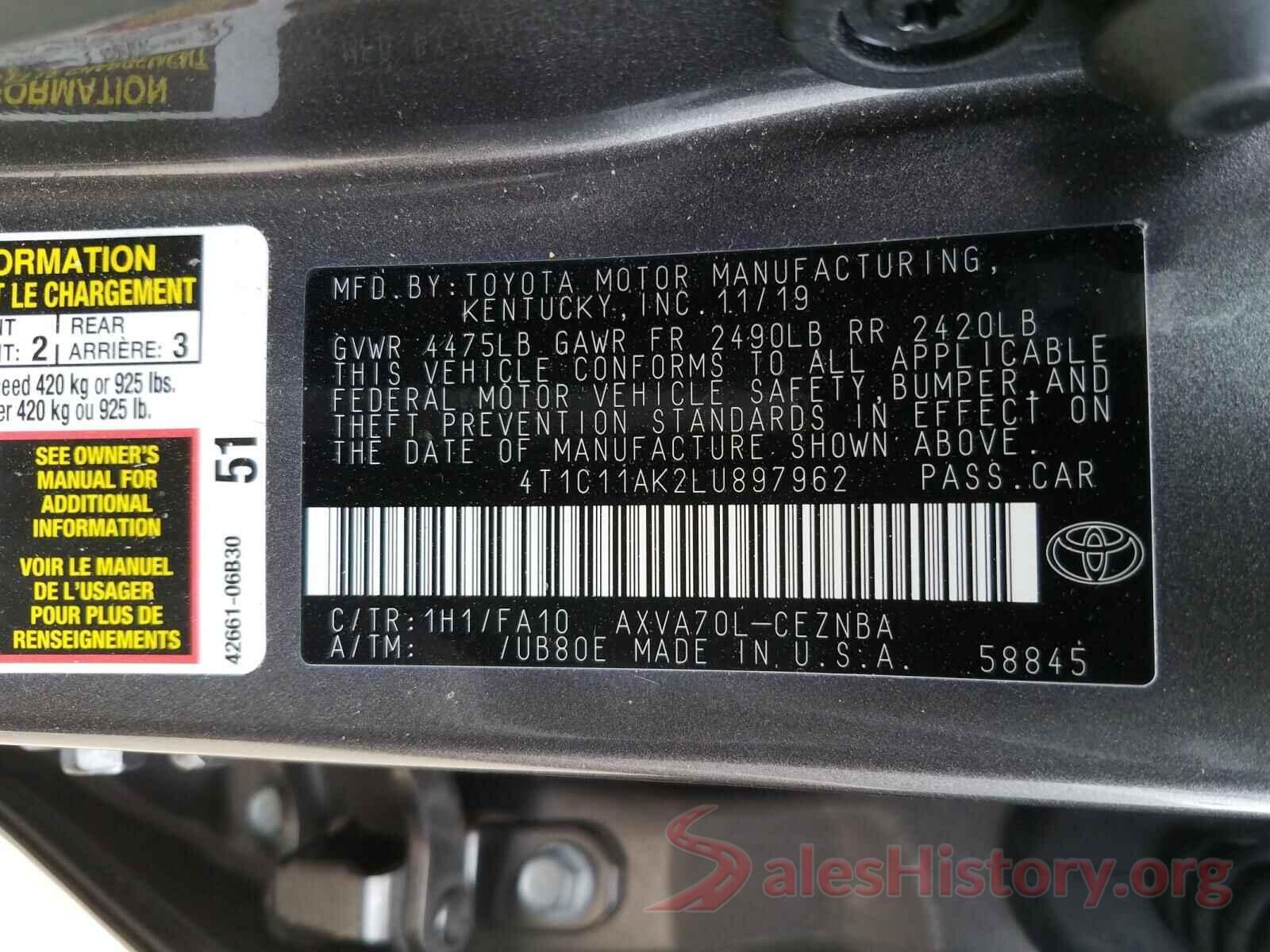 4T1C11AK2LU897962 2020 TOYOTA CAMRY