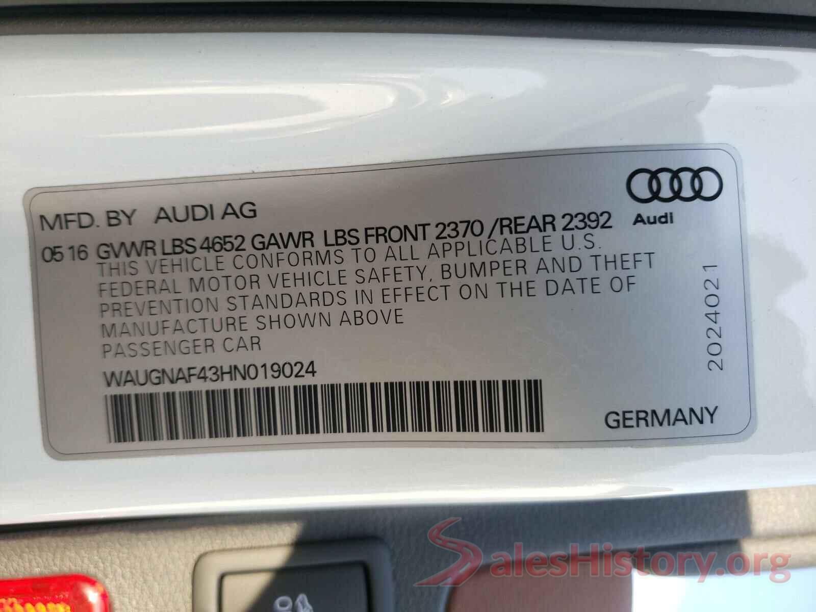 WAUGNAF43HN019024 2017 AUDI A4