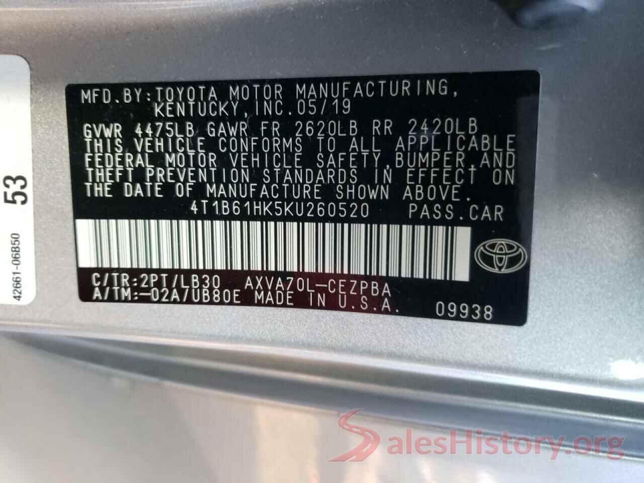 4T1B61HK5KU260520 2019 TOYOTA CAMRY