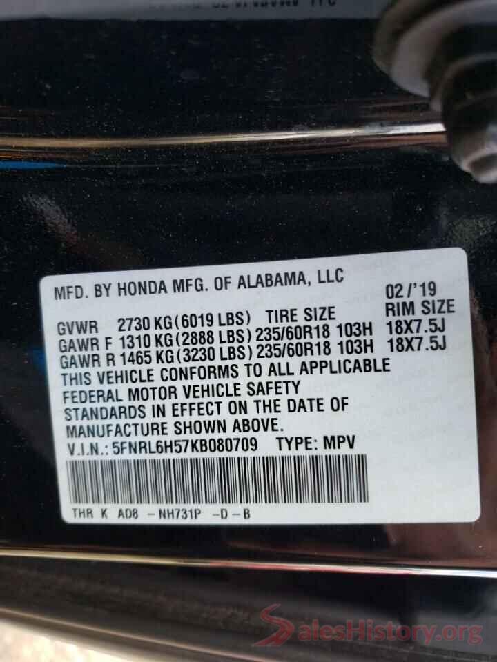 5FNRL6H57KB080709 2019 HONDA ODYSSEY