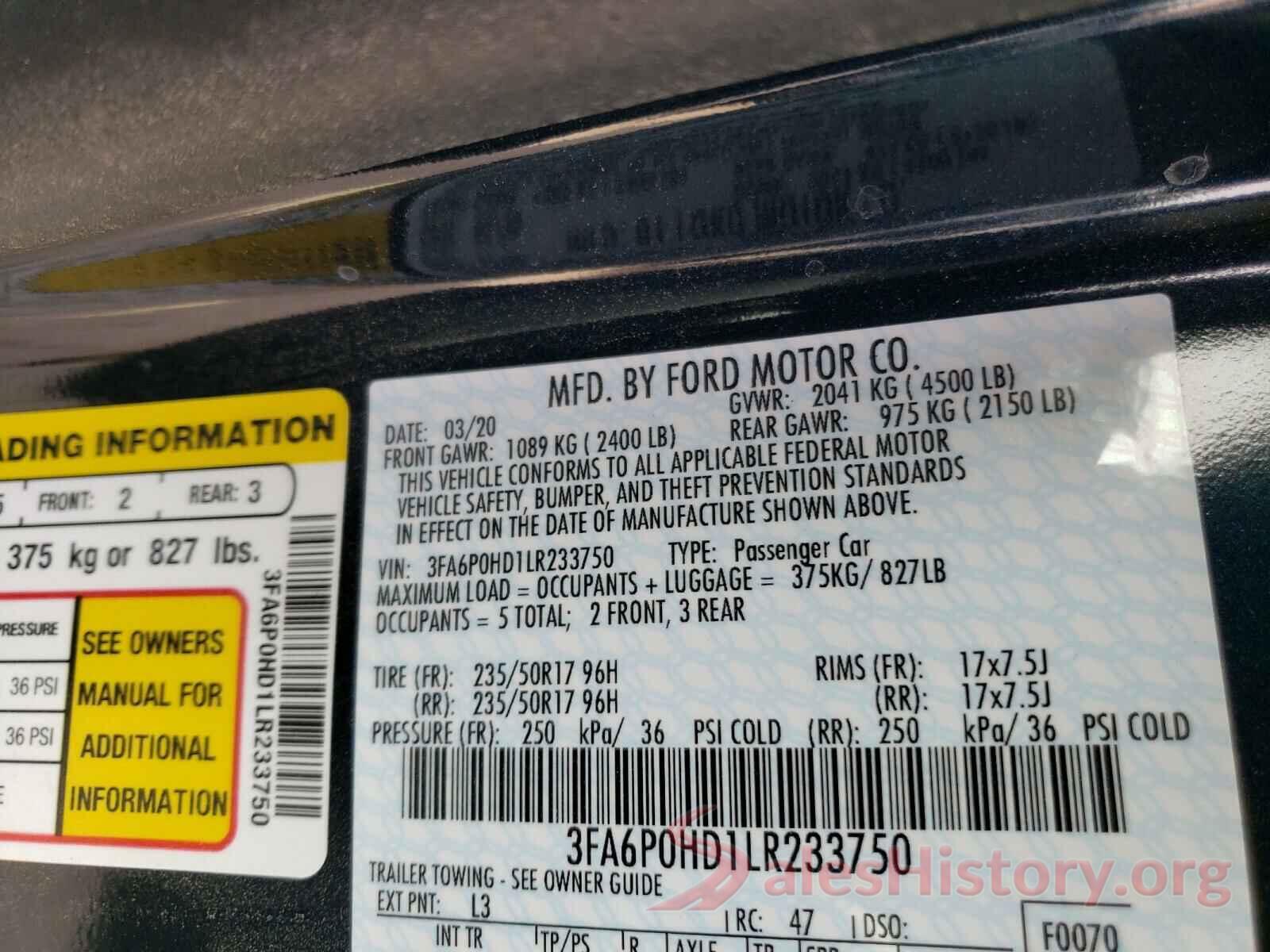 3FA6P0HD1LR233750 2020 FORD FUSION