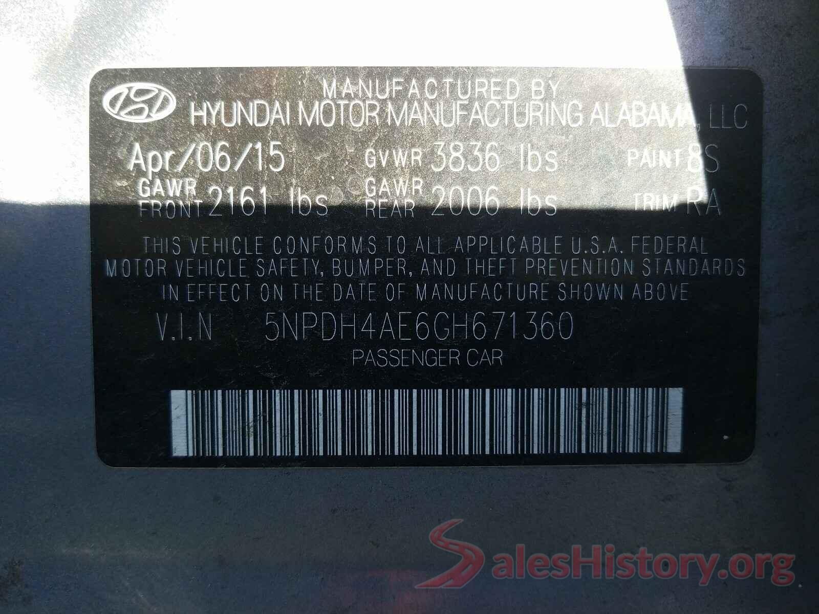 5NPDH4AE6GH671360 2016 HYUNDAI ELANTRA