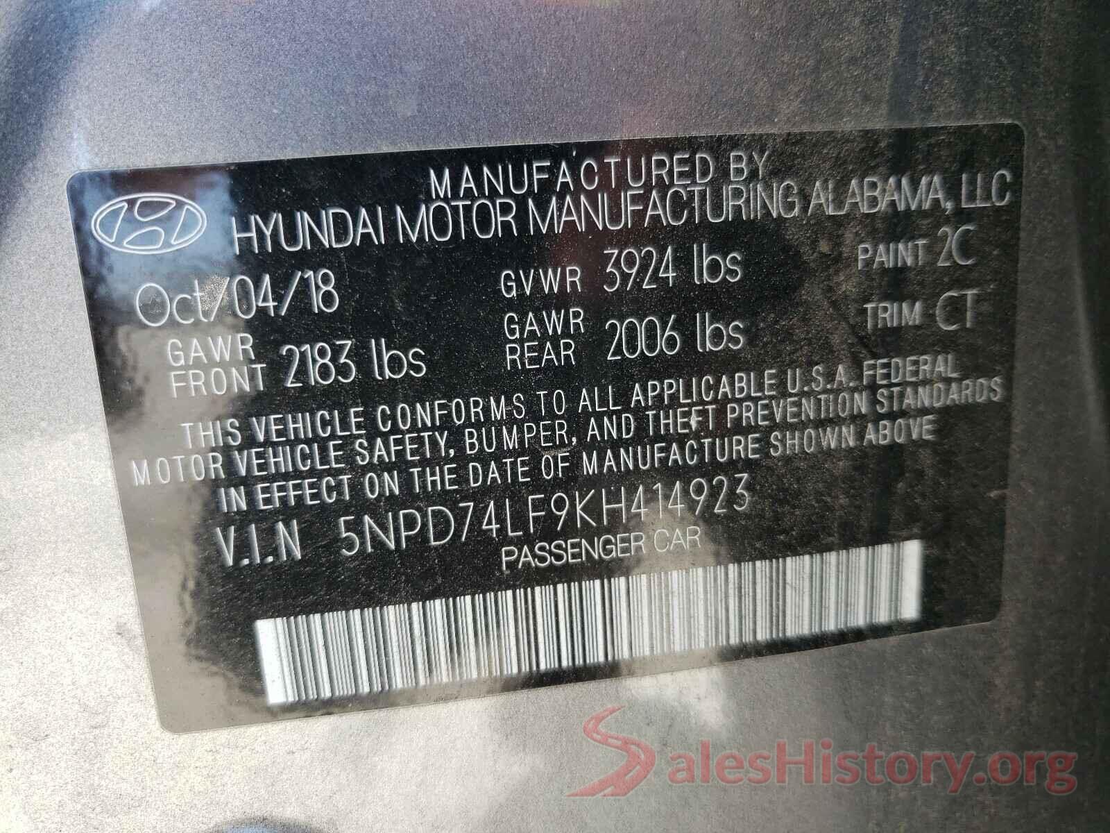 5NPD74LF9KH414923 2019 HYUNDAI ELANTRA