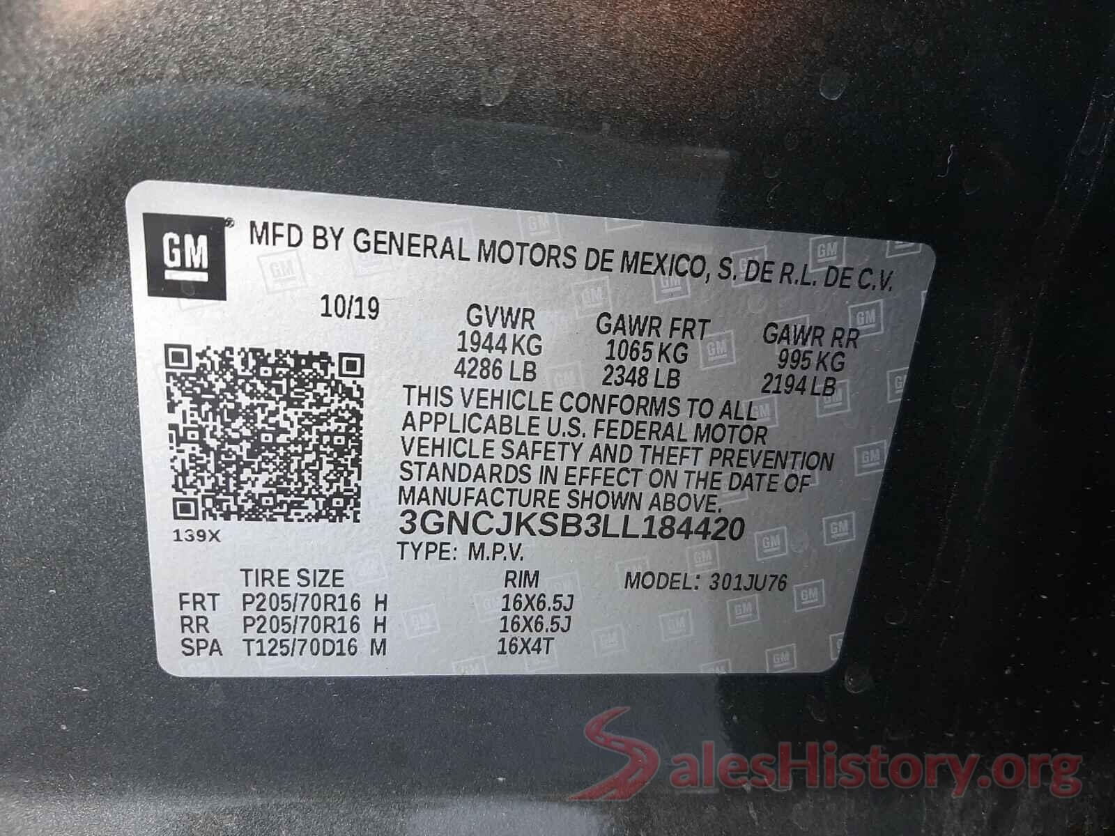 3GNCJKSB3LL184420 2020 CHEVROLET TRAX