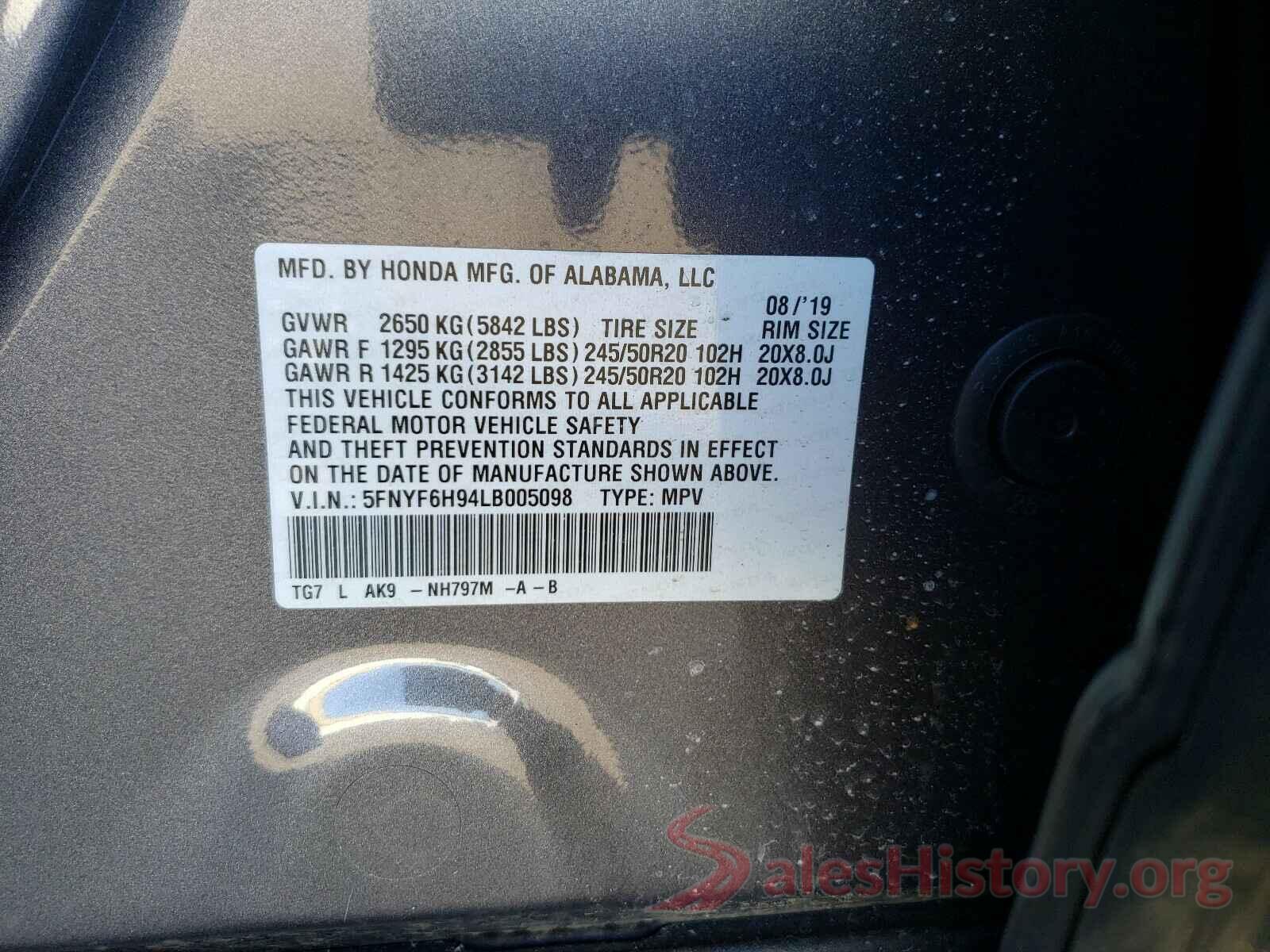 5FNYF6H94LB005098 2020 HONDA PILOT