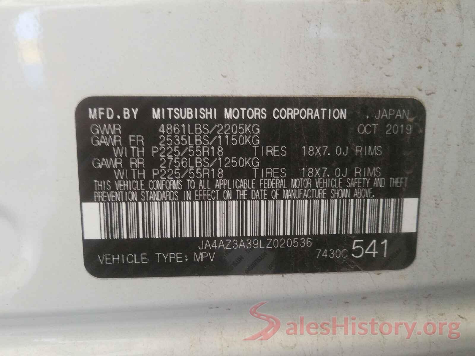 JA4AZ3A39LZ020536 2020 MITSUBISHI OUTLANDER