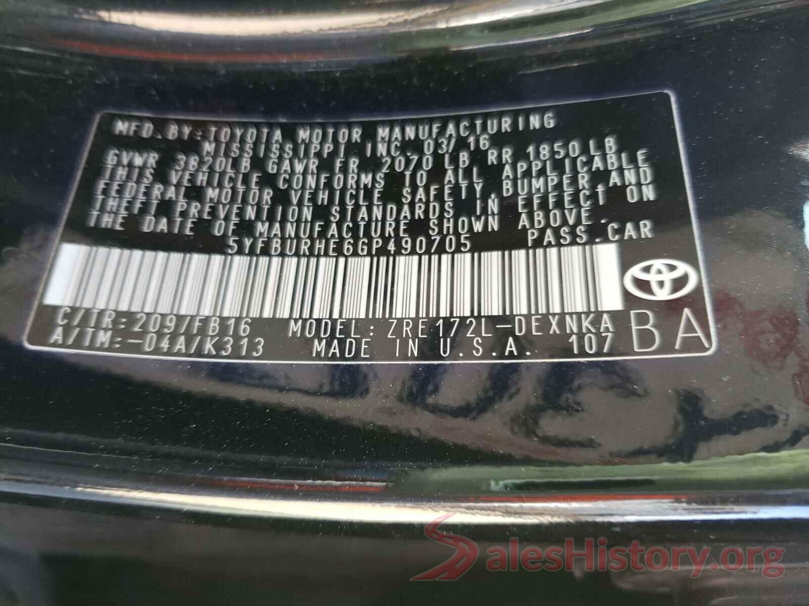 5YFBURHE6GP490705 2016 TOYOTA COROLLA