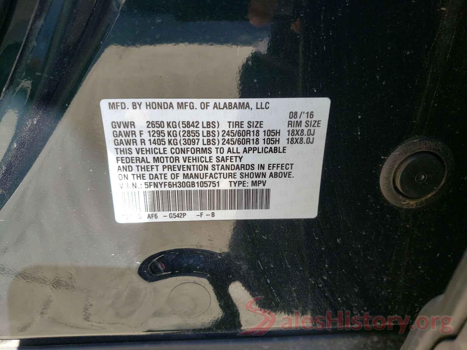 5FNYF6H30GB105751 2016 HONDA PILOT