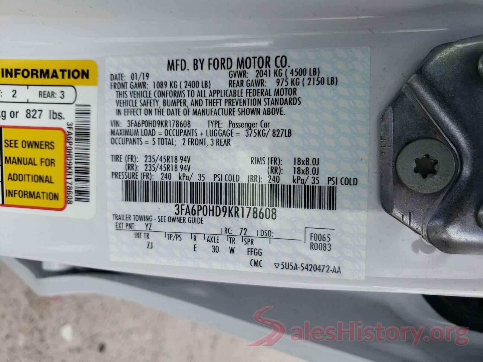 3FA6P0HD9KR178608 2019 FORD FUSION