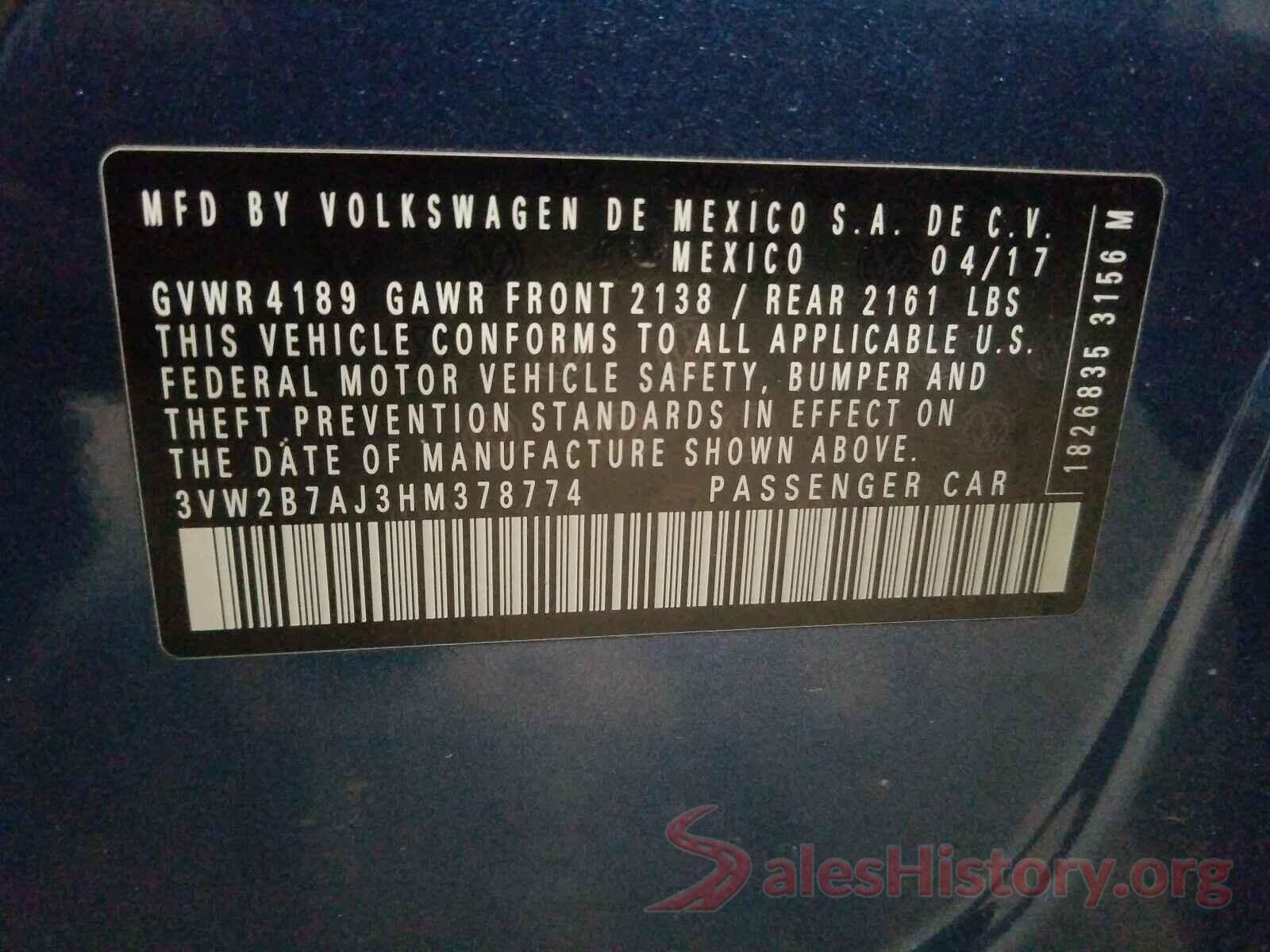 3VW2B7AJ3HM378774 2017 VOLKSWAGEN JETTA