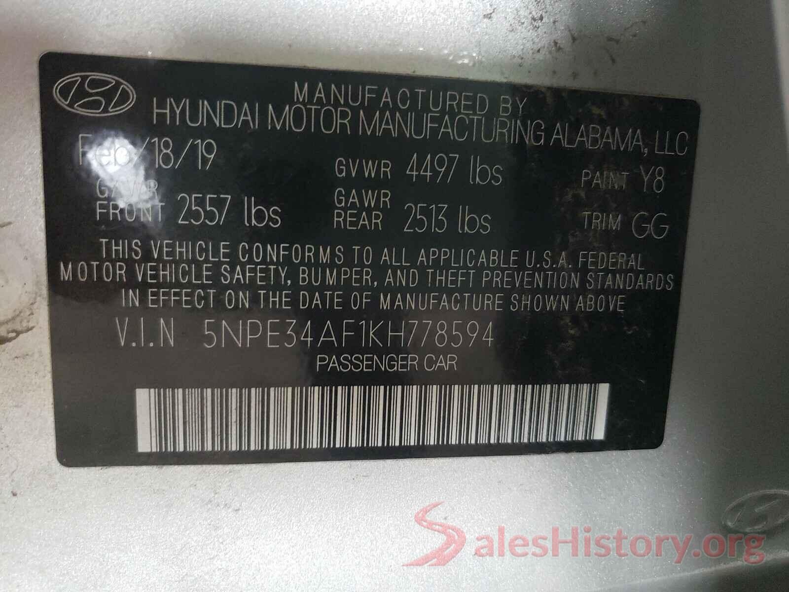 5NPE34AF1KH778594 2019 HYUNDAI SONATA