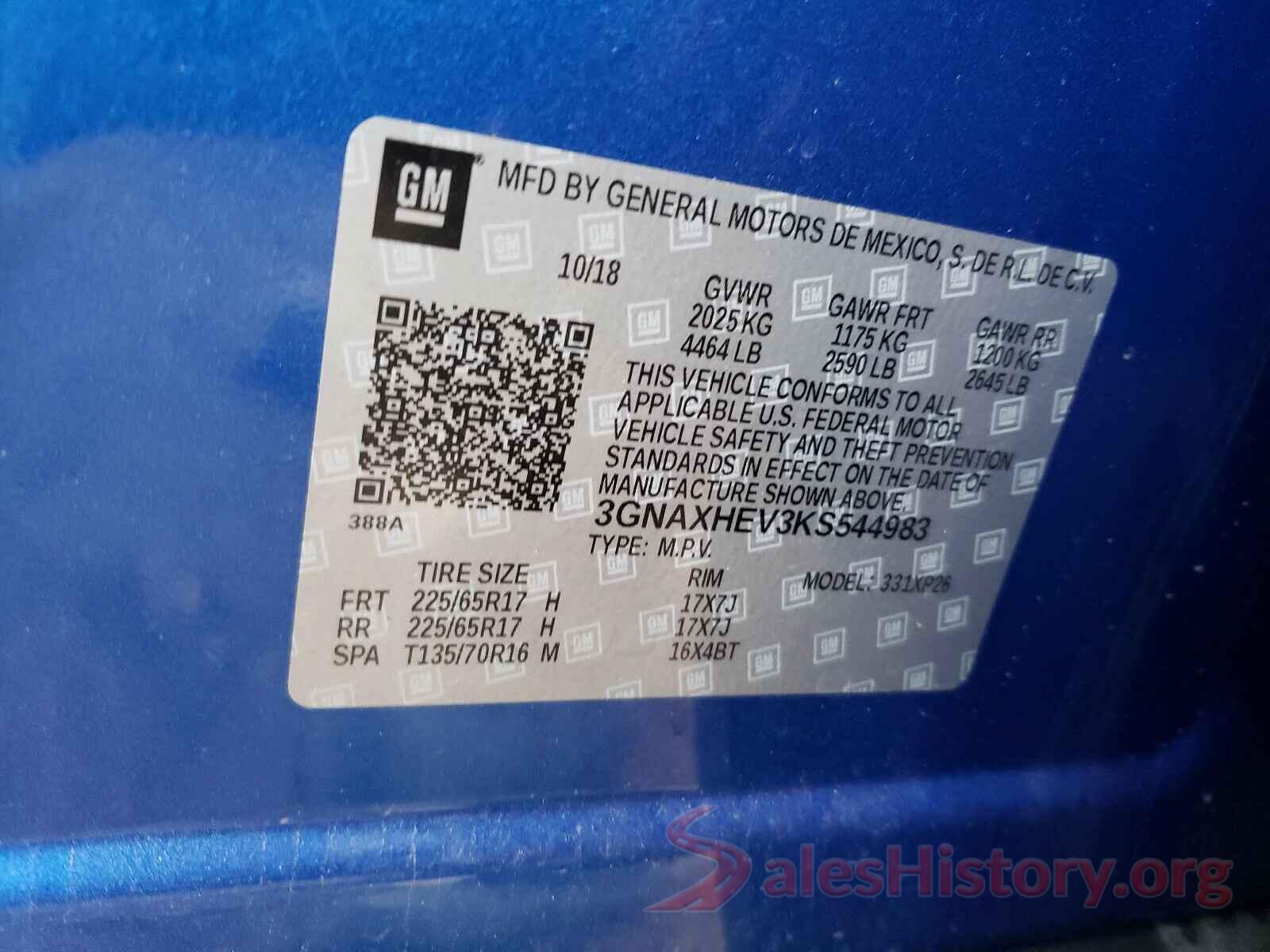 3GNAXHEV3KS544983 2019 CHEVROLET EQUINOX