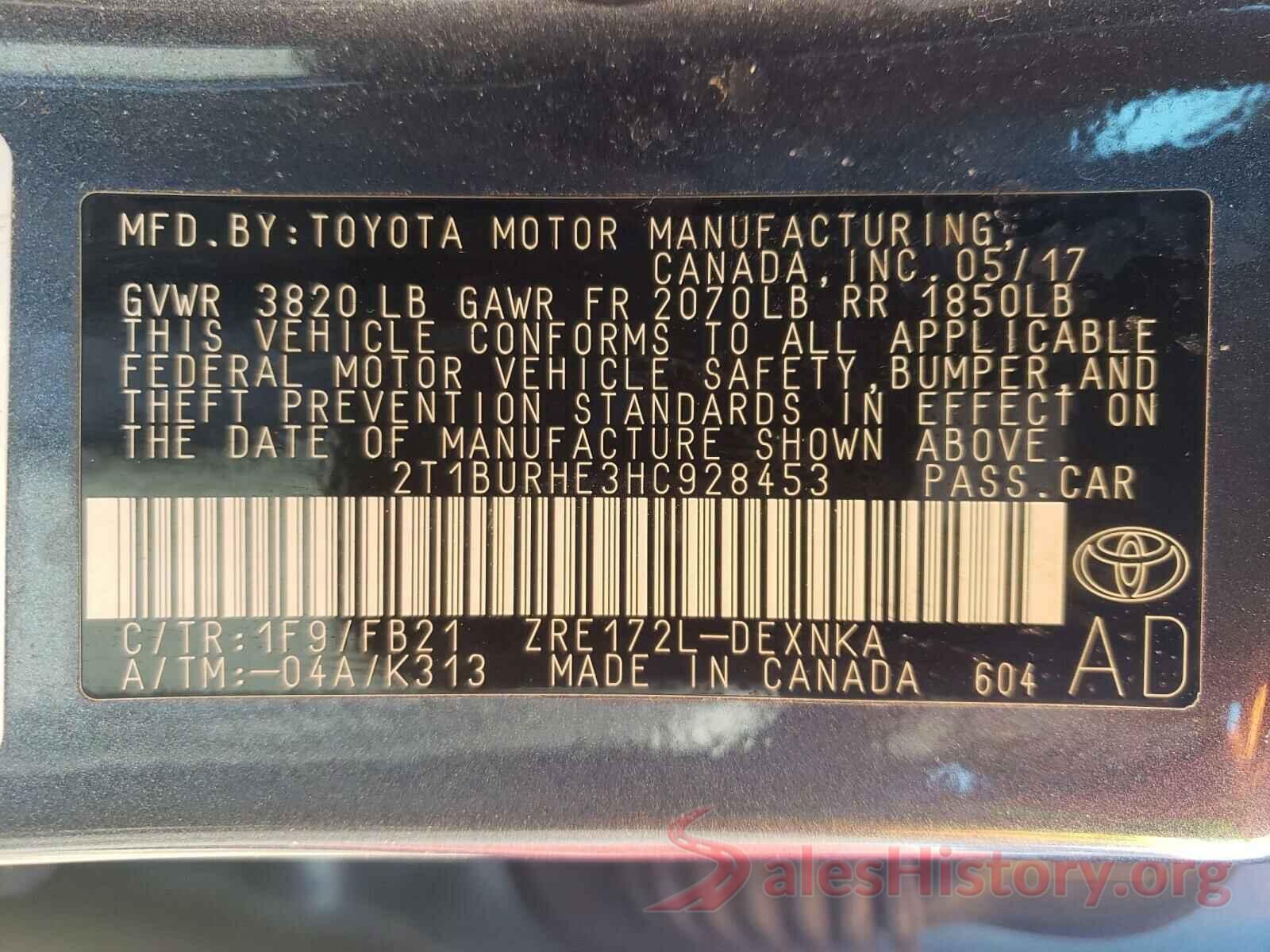 2T1BURHE3HC928453 2017 TOYOTA COROLLA