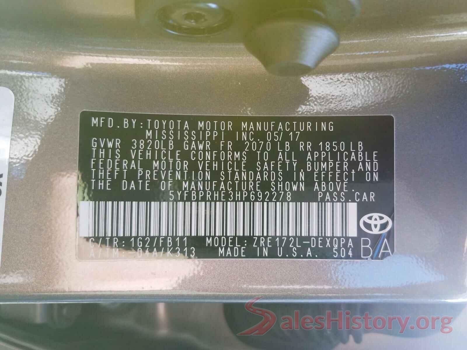 5YFBPRHE3HP692278 2017 TOYOTA COROLLA