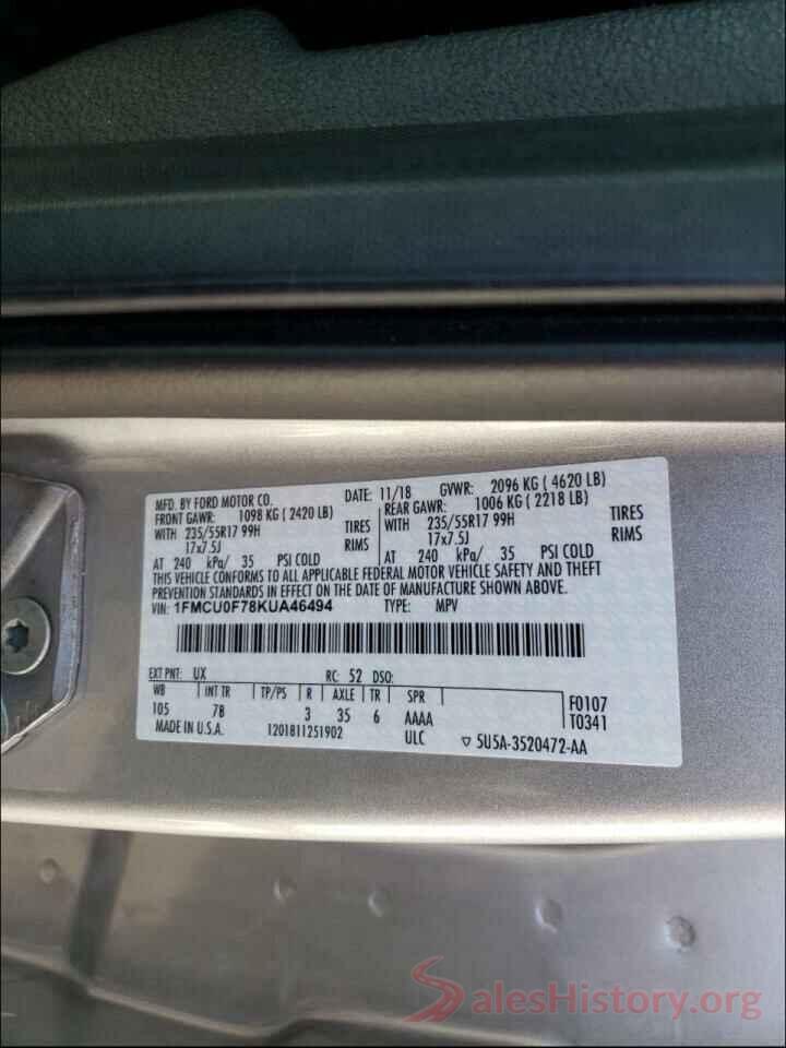 1FMCU0F78KUA46494 2019 FORD ESCAPE