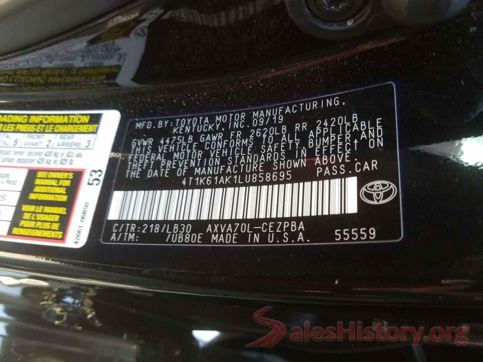 4T1K61AK1LU858695 2020 TOYOTA CAMRY