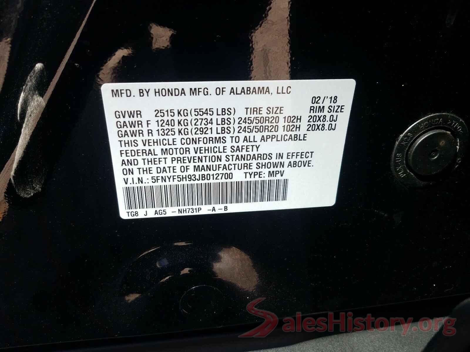 5FNYF5H93JB012700 2018 HONDA PILOT