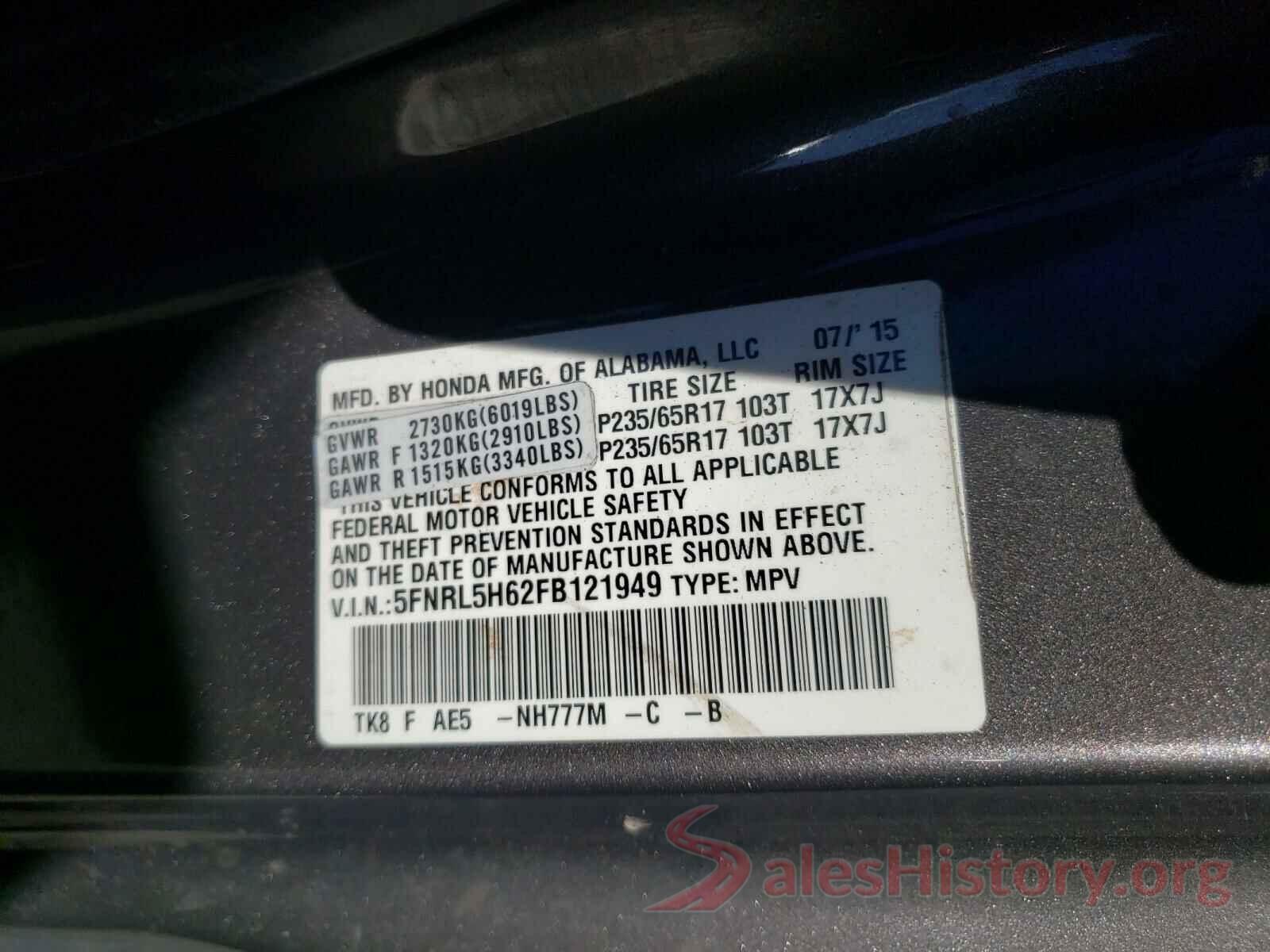 5FNRL5H62FB121949 2015 HONDA ODYSSEY