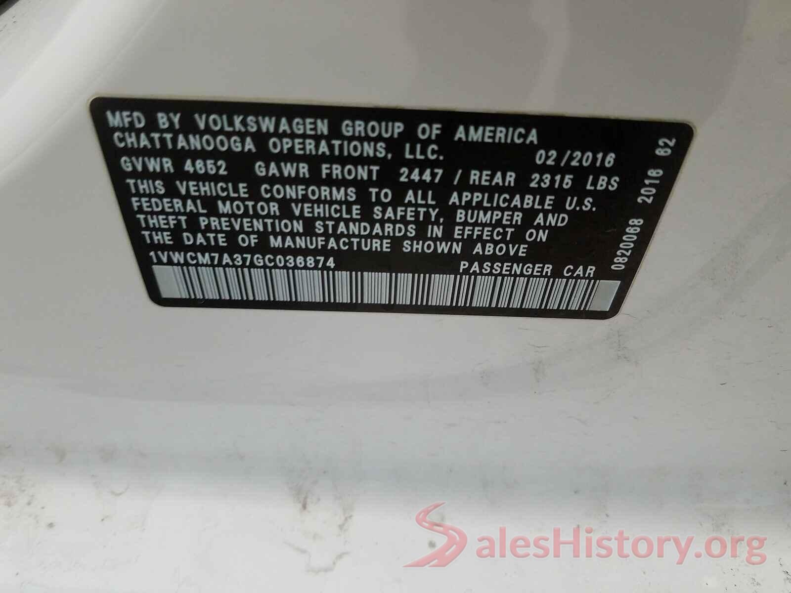 1VWCM7A37GC036874 2016 VOLKSWAGEN PASSAT