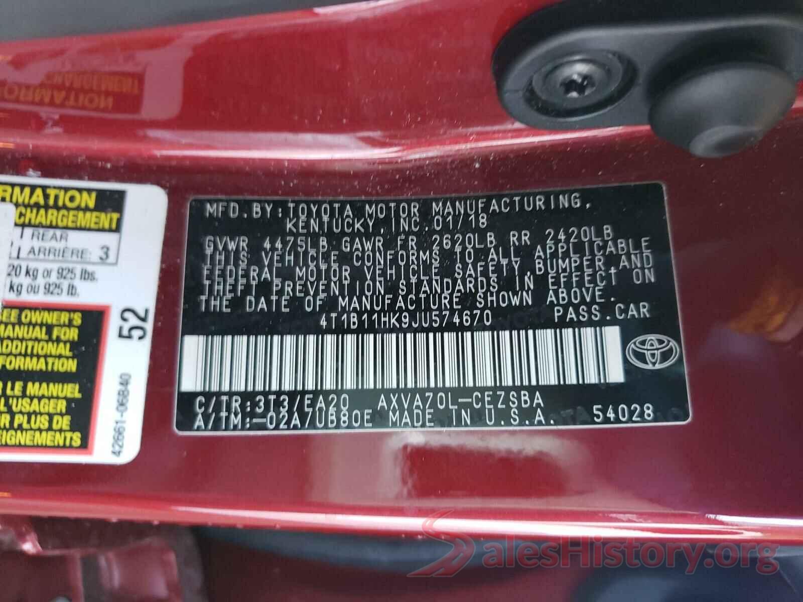 4T1B11HK9JU574670 2018 TOYOTA CAMRY