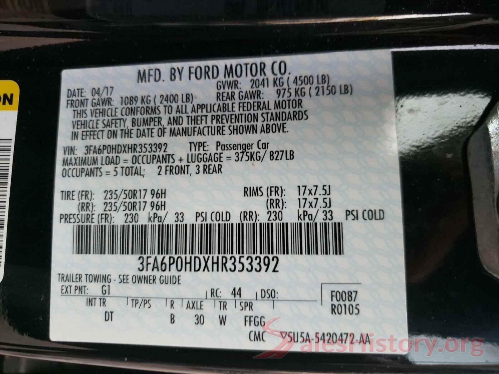 3FA6P0HDXHR353392 2017 FORD FUSION