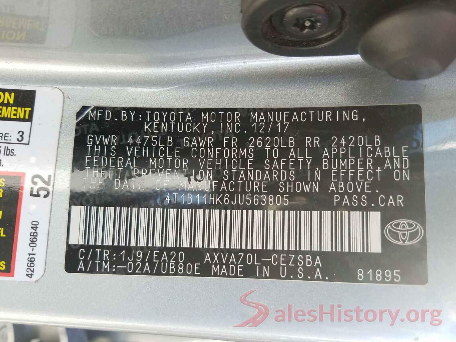 4T1B11HK6JU563805 2018 TOYOTA CAMRY