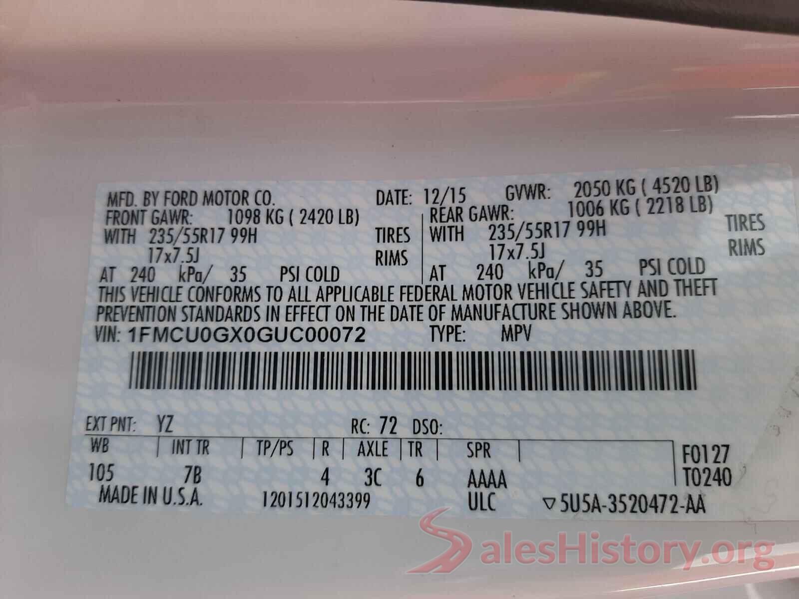 1FMCU0GX0GUC00072 2016 FORD ESCAPE