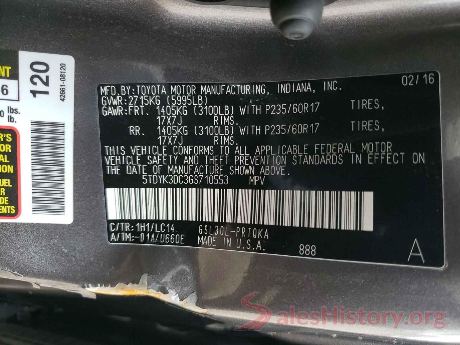 5TDYK3DC3GS710553 2016 TOYOTA SIENNA