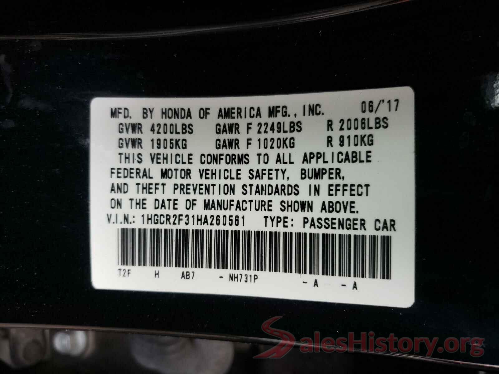 1HGCR2F31HA260561 2017 HONDA ACCORD