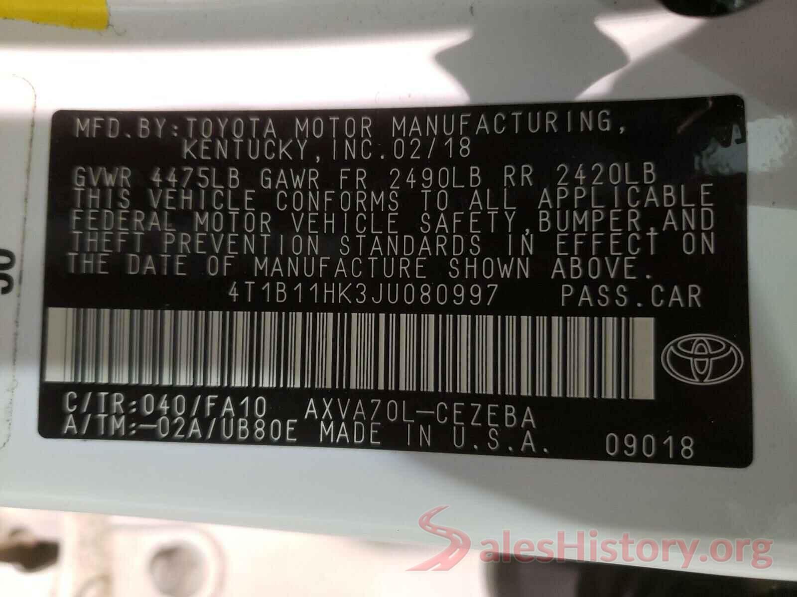 4T1B11HK3JU080997 2018 TOYOTA CAMRY