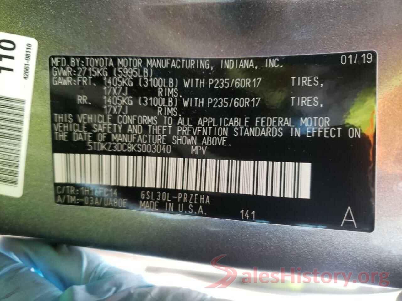 5TDKZ3DC8KS003040 2019 TOYOTA SIENNA