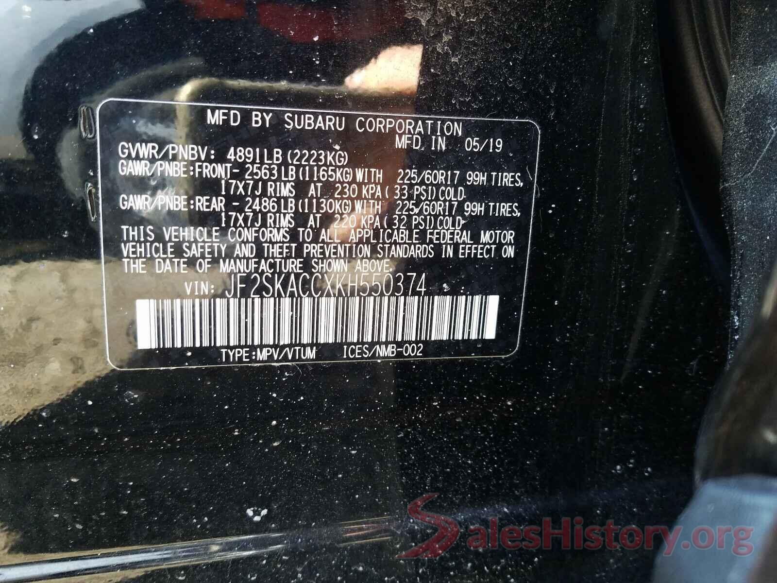 JF2SKACCXKH550374 2019 SUBARU FORESTER